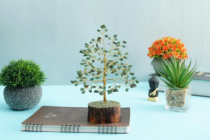 Crocon Green Aventurine Gemstone Money Tree Feng Shui Bonsai Golden Wire