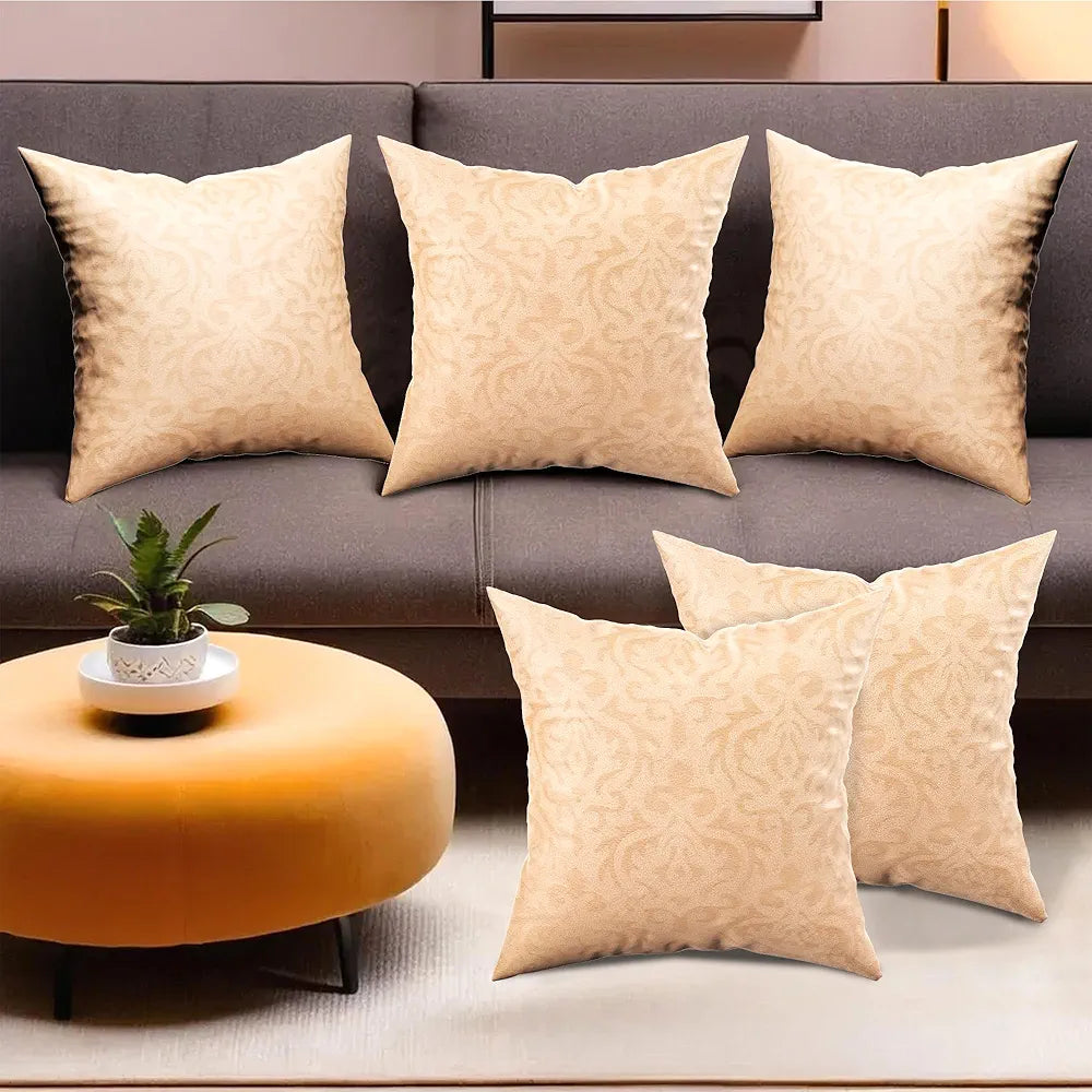 Kuber Industries Set of 5 Washable & Removable Velvet Sofa Pillow Covers with Zip Floral Design Beige