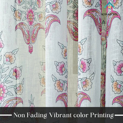Homadorn Linen Sheer Printed Semi Transparent Curtains for Window Set of 2 Fuchsia fusion