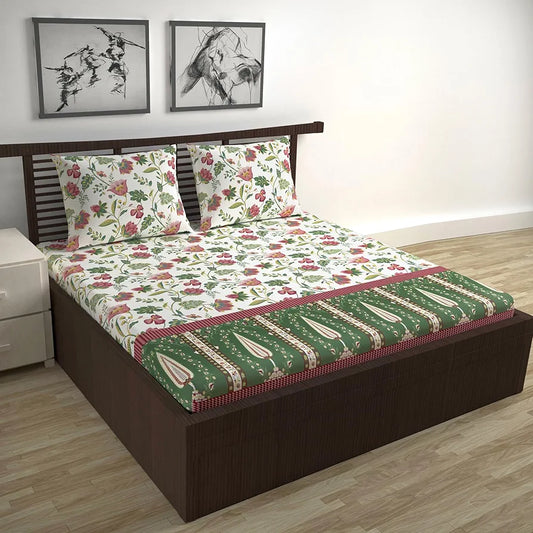 Divine Casa 144 TC 100% Cotton Bedsheet for Double Bed with Pillow Covers Colour Magenta Green