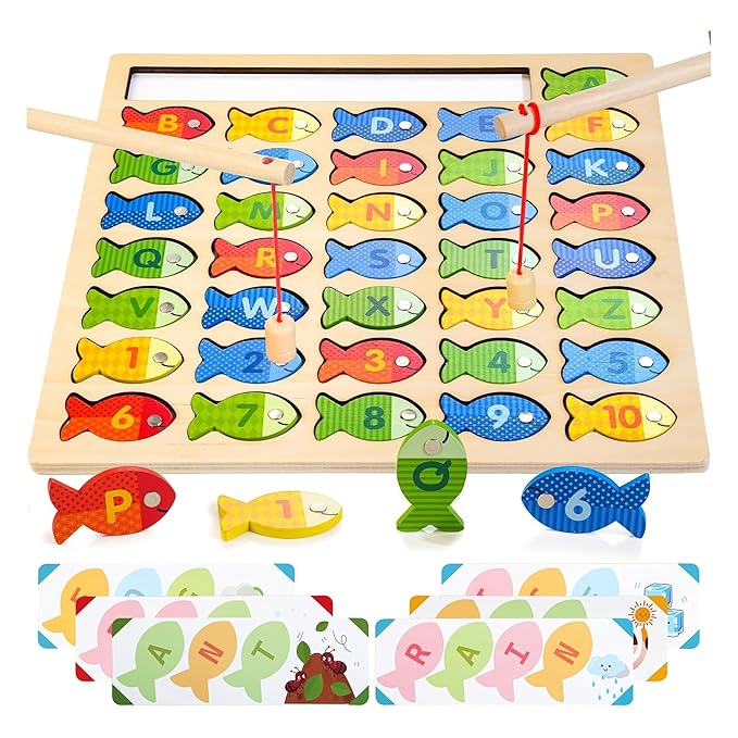 Kidology Wooden Magnetic Fishing Game & Montessori Alphabet Puzzle