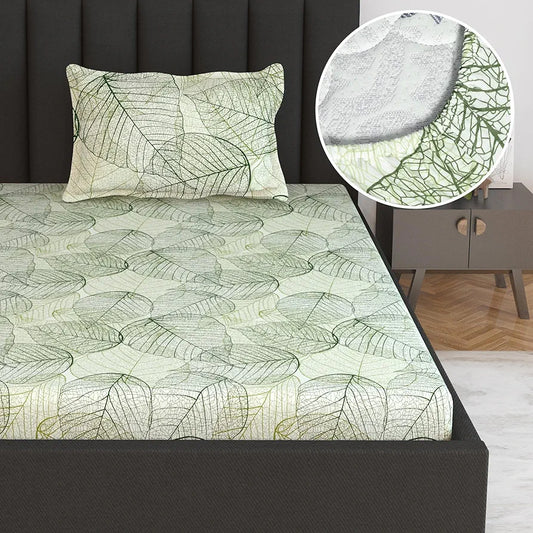 Divine Casa 100% Cotton Fitted Bedsheet Set for Single Bed Floral Print 144 TC Includes 1 Bedsheet & 1 Pillow Cover Colour Garden Green