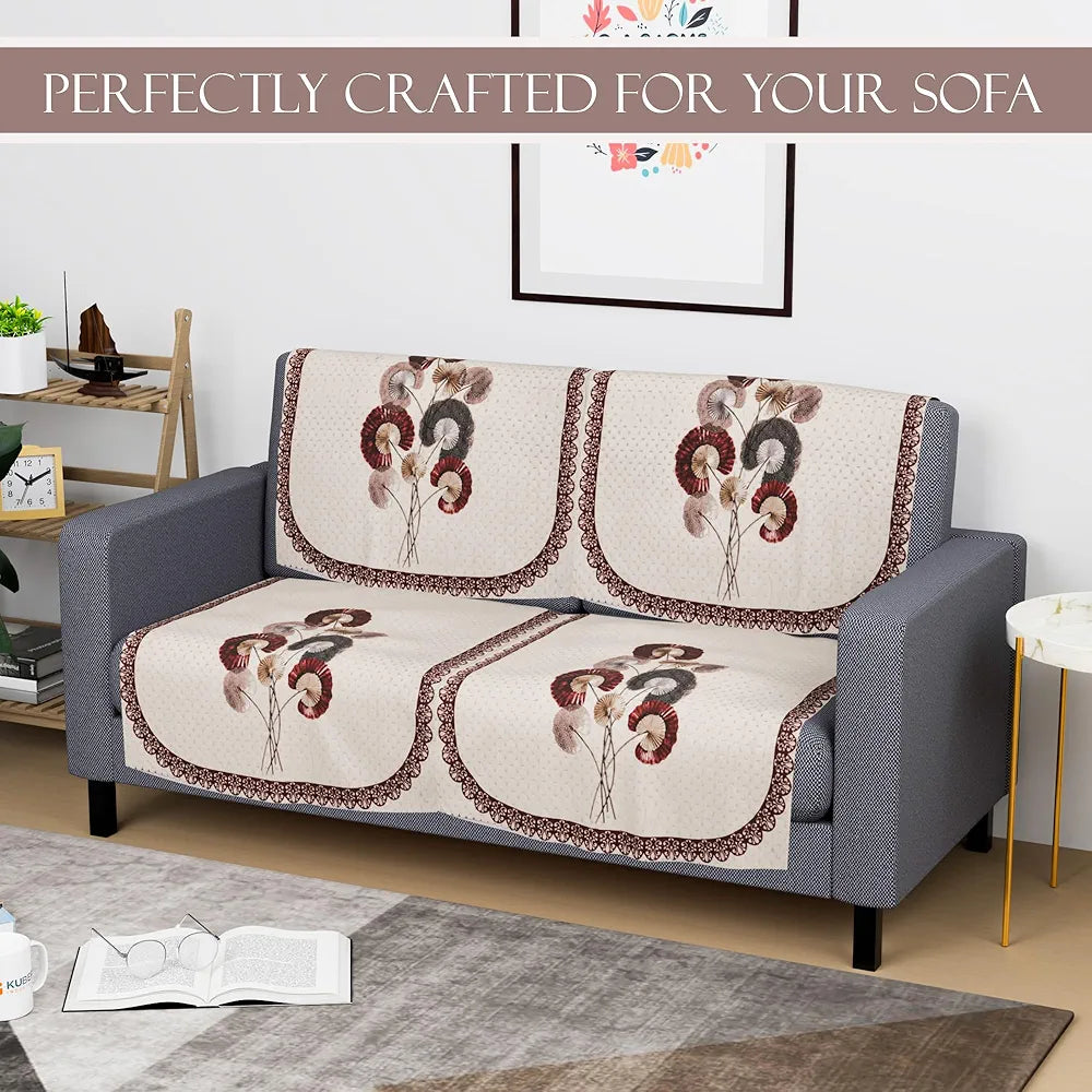 Kuber Industries Set of 4 Velvet 2 Seater Sofa Covers for Living Room Digital Flower-Cream & Brown