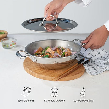 Stahl Artisan Triply Stainless Steel Kadhai With Lid, Kadai for Cooking | Induction & Gas Stove Compatible | 5.1 L | 30 Cm