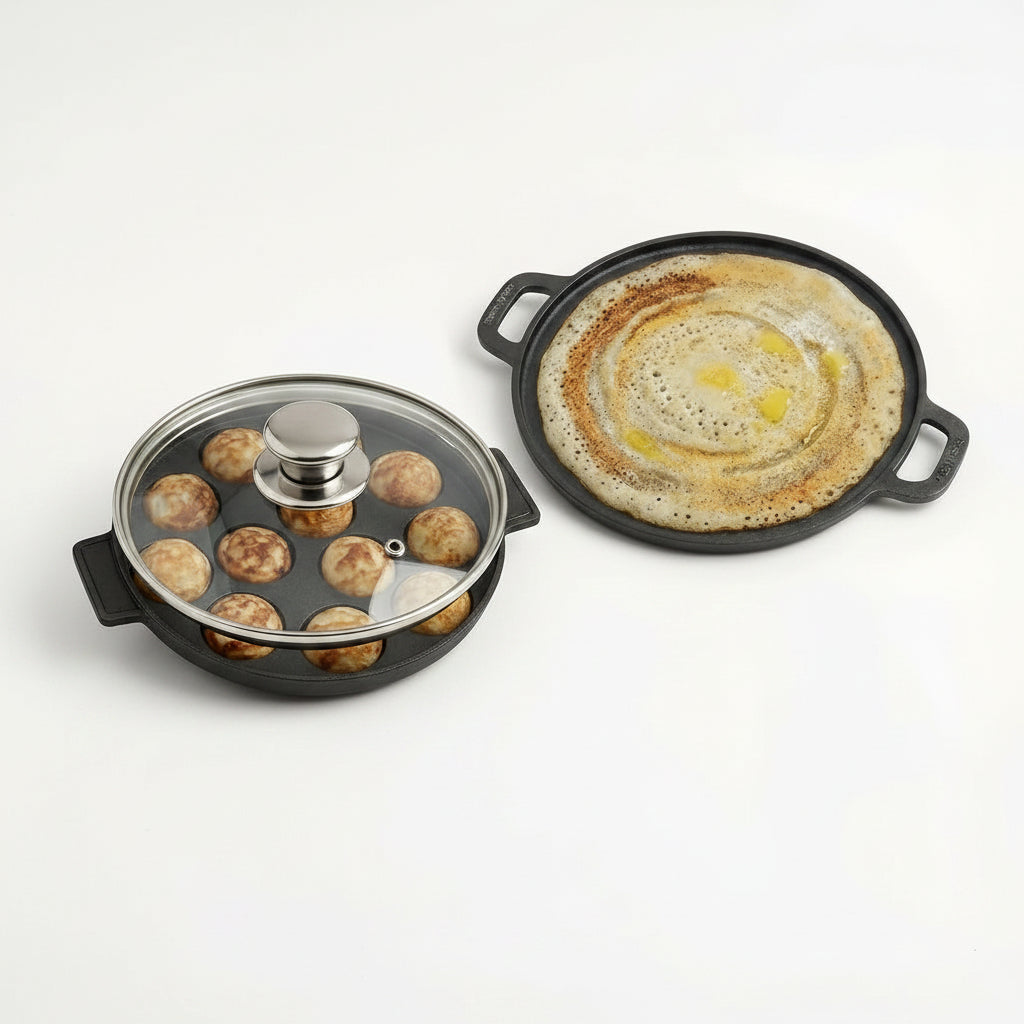 Human Hydro Cast Iron Cookware Set — 30cm Dosa Tawa + 12-Pit Paniyaram Pan with Glass Lid Pre-Seasoned Gas Induction