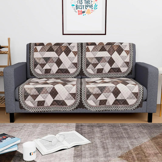 Kuber Industries Set of 4 Durable 2 Seater Sofa Cover Triangle Print White & Brown
