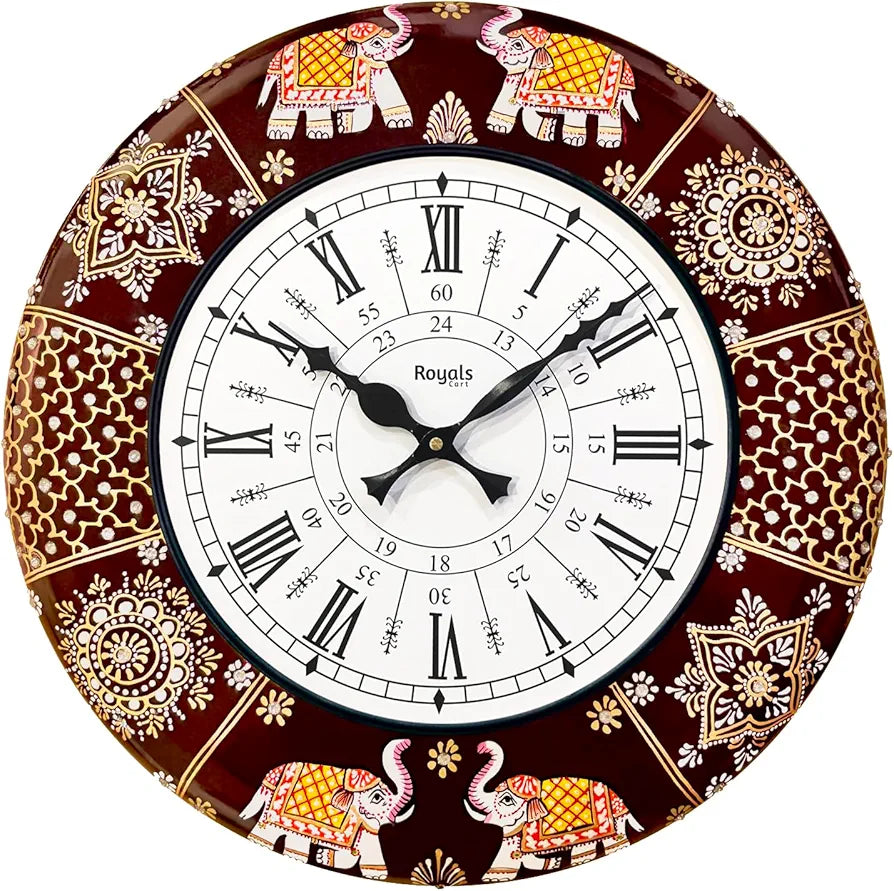 RoyalsCart Ethnic Handcrafted Decorative Analog Wall Clock with Rajasthani Elephant Painting Brown Wooden Clock [KTWC191D] Elephant Designer Painting