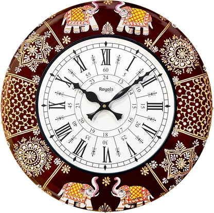 RoyalsCart Ethnic Handcrafted Decorative Analog Wall Clock with Rajasthani Elephant Painting Brown Wooden Clock [KTWC191D] Elephant Designer Painting