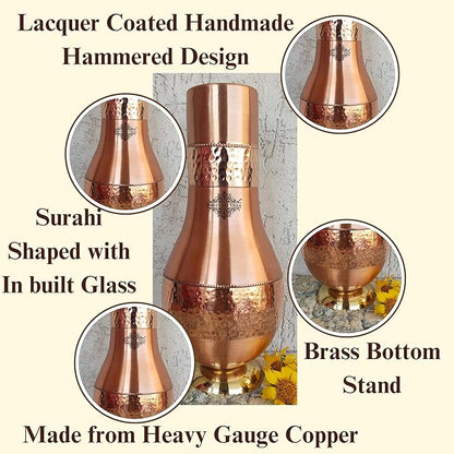 Indian Art Villa Pure Copper Bedroom Water Bottle With Inbuilt Glass Surahi Design With Brass Bottom