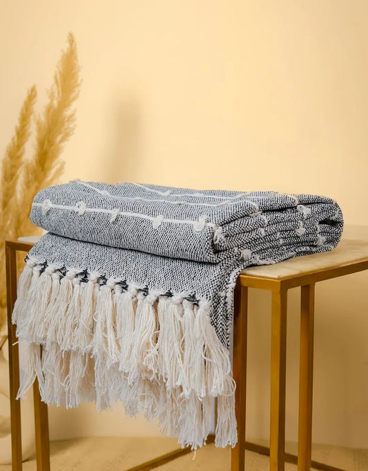 Sajavat Home Hand-Knitted Pure Cotton 3 Seater Sofa Throw Colour Black & Beige