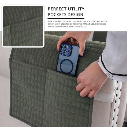 Kuber Industries Soft Velvet Quilted Single Seater Sofa Cover with Pocket Arms Frill Olive Green