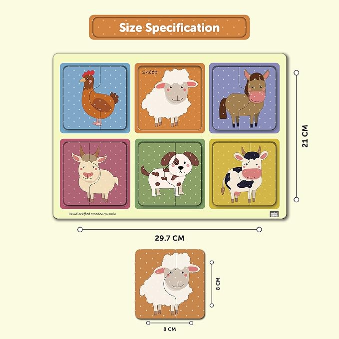 Mini Leaves 2 Piece Puzzle for Kids | Farm Animals Jigsaw Puzzle | Set of 6 Wooden Puzzles for Kids | Educational Toys for Kids