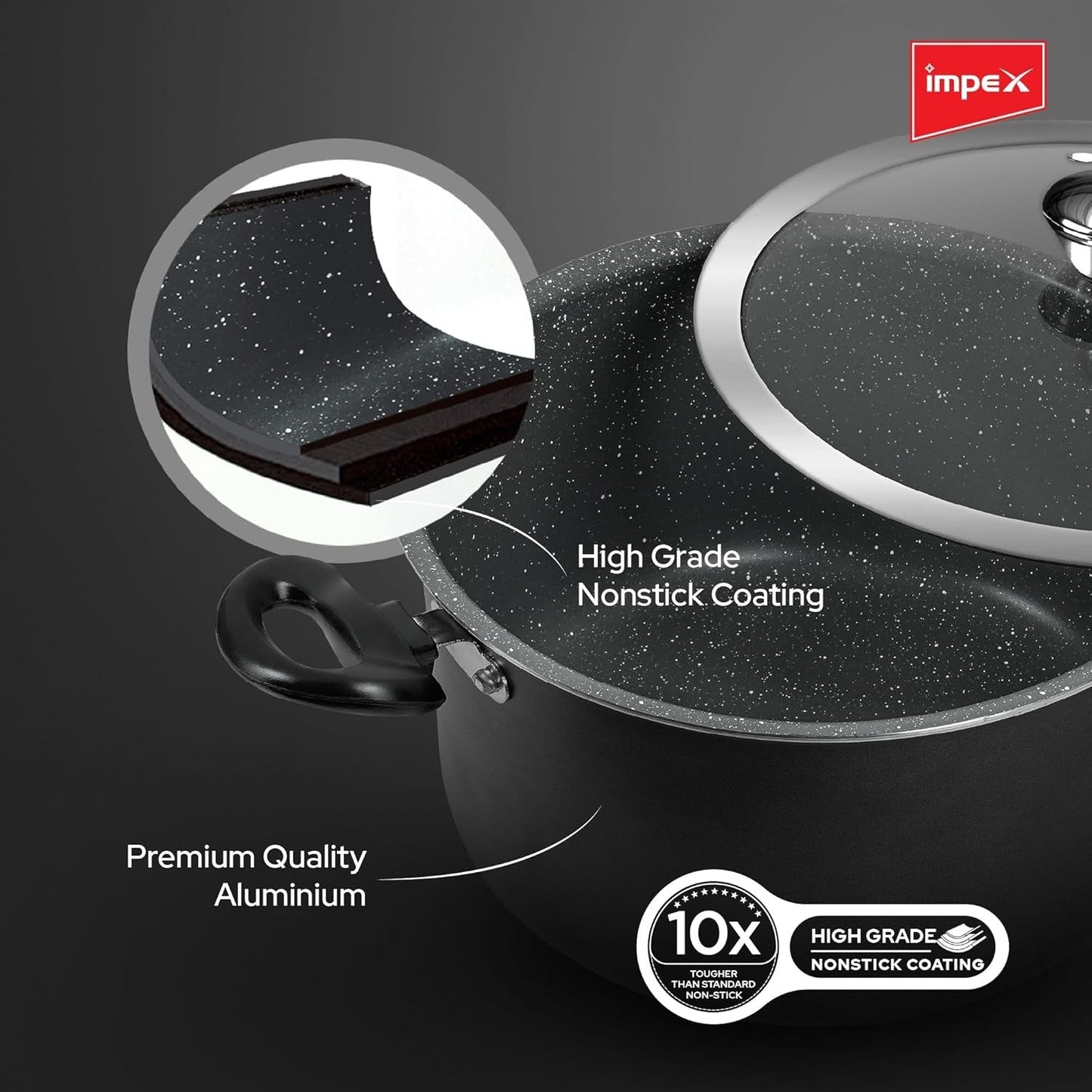 Impex IBP10 10L Non-Stick Biryani Pot with RIB Granite Coating Induction Friendly Aluminium