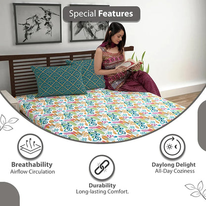 Divine Casa 144 TC Cotton Bedsheet for Double Bed with 2 Pillow Cover Colour Teal & Mustard