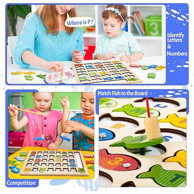 Kidology Wooden Magnetic Fishing Game & Montessori Alphabet Puzzle