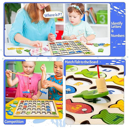 Kidology Wooden Magnetic Fishing Game & Montessori Alphabet Puzzle