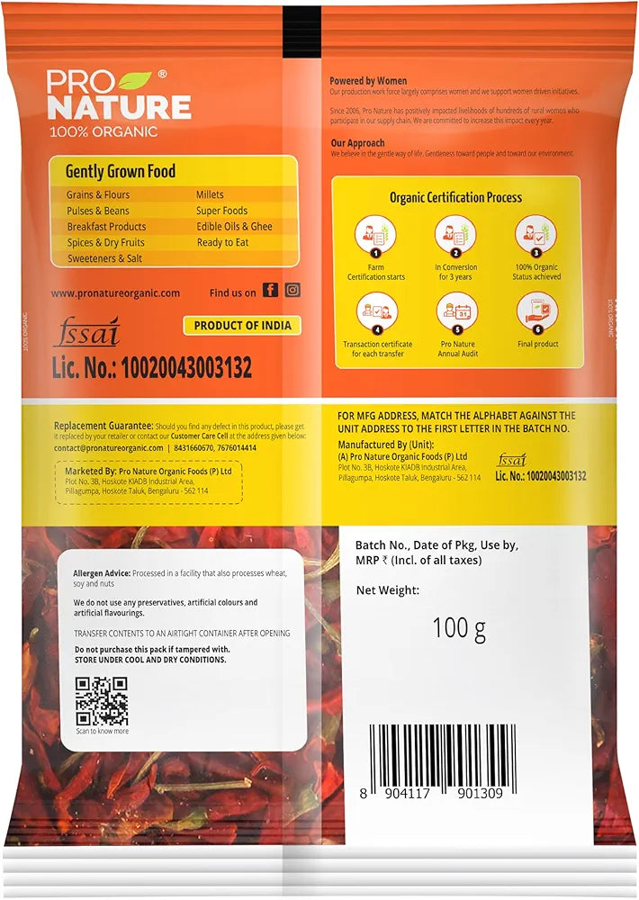 Pro Nature 100% Organic Red Chilli Whole 100Gm