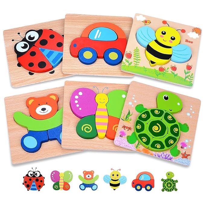 Kidology Wooden Jigsaw Puzzle Set 6-Pack Animal Shape Montessori Toy