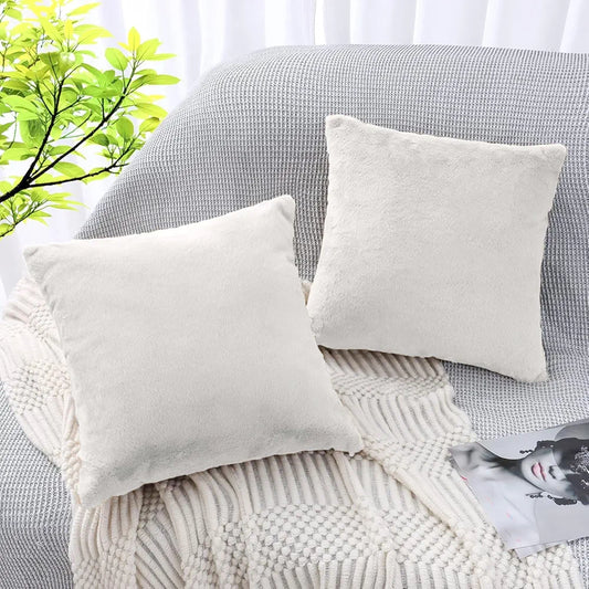 Luxe Home Cushion Cover Duble Side Rabbit Fur Plain Design Covers Set of 2 Colour White