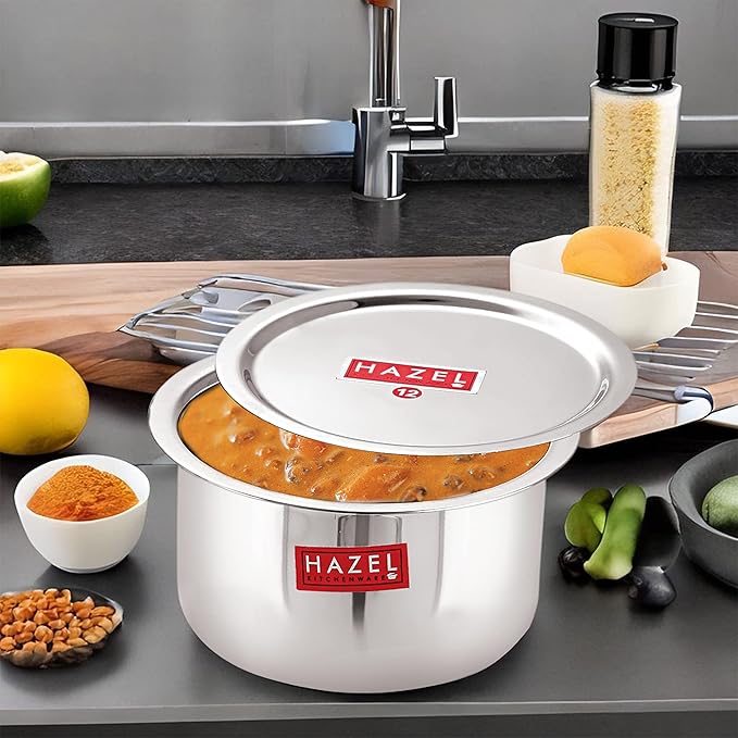 Hazel Alfa Stainless Steel Tope Patila with Lid Premium Heavy Gauge Flat Bottom 19.5 cm, 1.8 Litre, Silver