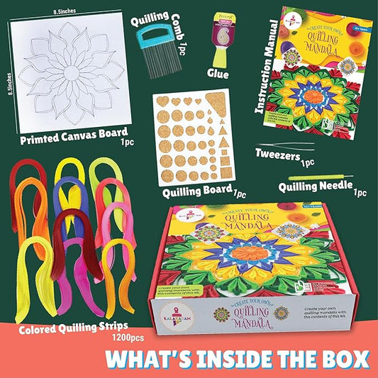 Kalakaram Mandala Quilling Kit Stripes and Tools | Diy Craft Kit for Kids and Adults | With Pre-designed Canvas Board