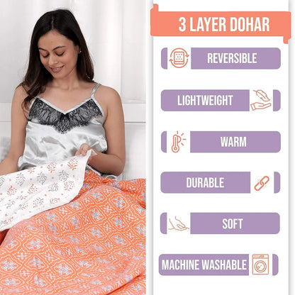 Divine Casa 120 GSM 100% Cambric Cotton Jaipuri Dohar Single Bed Reversible AC Blanket TC - 120 Colour Peach Fuzz
