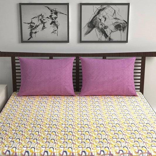 Divine Casa 144 TC 100% Pure Cotton Queen Size Double Bed Bedsheet with 2 Pillow Covers Wavy Pattern Colour Charcoal Yellow
