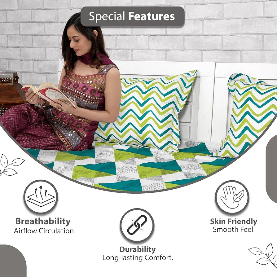Divine Casa 144 TC Cotton Bedsheet for Double Bed with 2 Pillow Cover Colour Aqua Lime