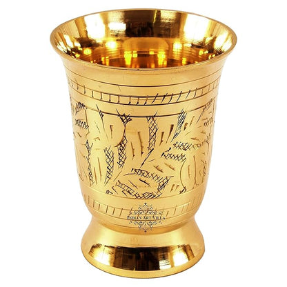 Indian Art Villa Pure Brass Glass Tumbler With Mughlai Etched Design - 215 gms