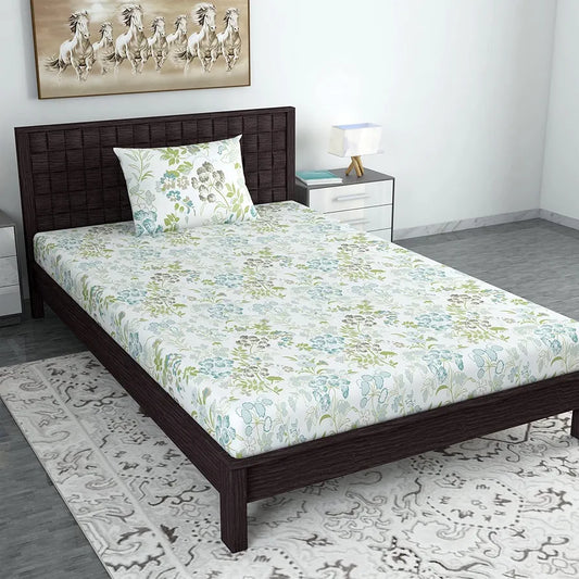 Divine Casa Bedsheet for Single Size Bed 144 TC Cotton Bedsheet for Single Size Bed with 1 Pillow Cover  Floral Colour Mint Blue