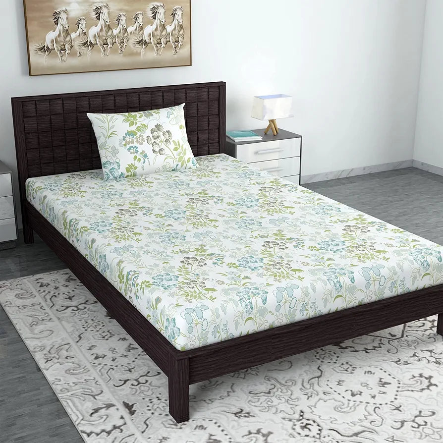 Divine Casa Bedsheet for Single Size Bed 144 TC Cotton Bedsheet for Single Size Bed with 1 Pillow Cover  Floral Colour Green Blush