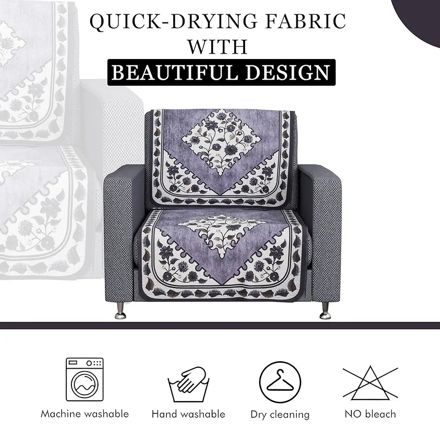 Kuber Industries Net Single Seater Sofa Cover Set Flower Digital Triangle Border Print-753 Grey
