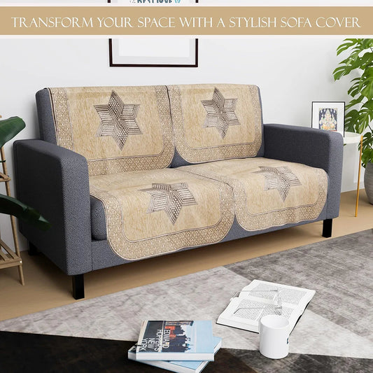 Kuber Industries Set of 4 Durable 2 Seater Sofa Cover for Living Room Star Print Cream & Brown