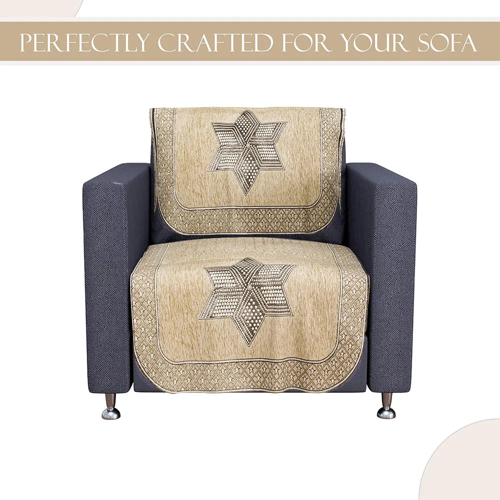 Kuber Industries Set of 6 Durable 2+1 Seater Sofa Cover for Living Room Star Print Cream & Brown