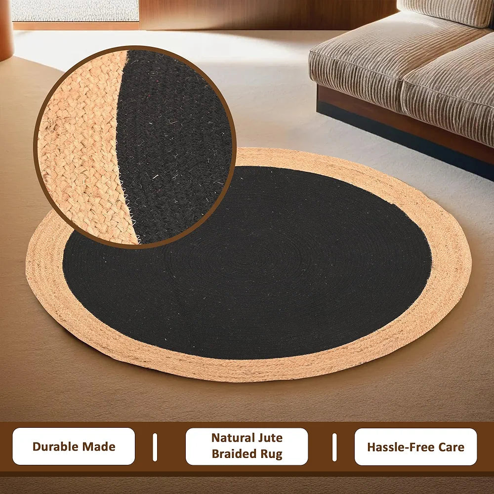 Kuber Industries Round Jute Rug & Carpet for Home Bedroom Light Brown & Black