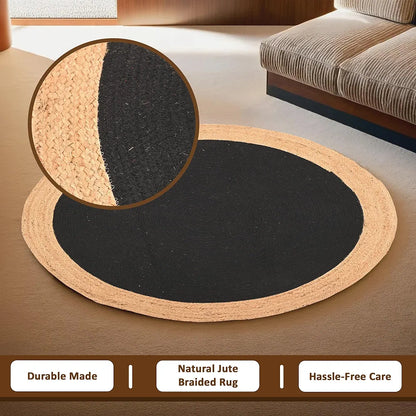 Kuber Industries Round Jute Rug & Carpet for Home Bedroom Light Brown & Black