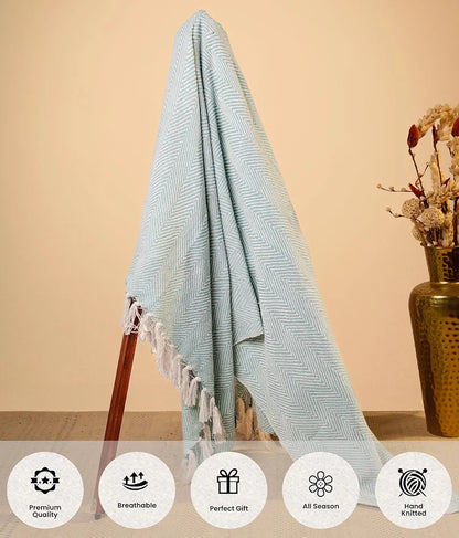 Sajavat Home Hand Knitted Pure Cotton 3 Seater Sofa Throw Colour Sky Blue