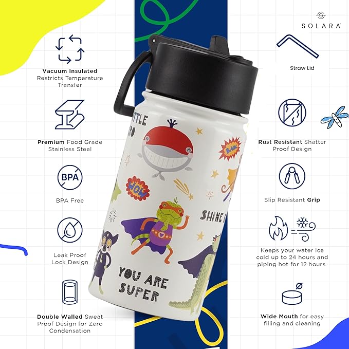 Solara Insulated Water Bottle for Kids 450ml Kids Water Bottle Sipper Bottle for Kids Animal Heroes