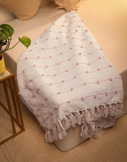 Sajavat Home Hand Knitted Pure Cotton 3 Seater Sofa Throw Beige & Pink