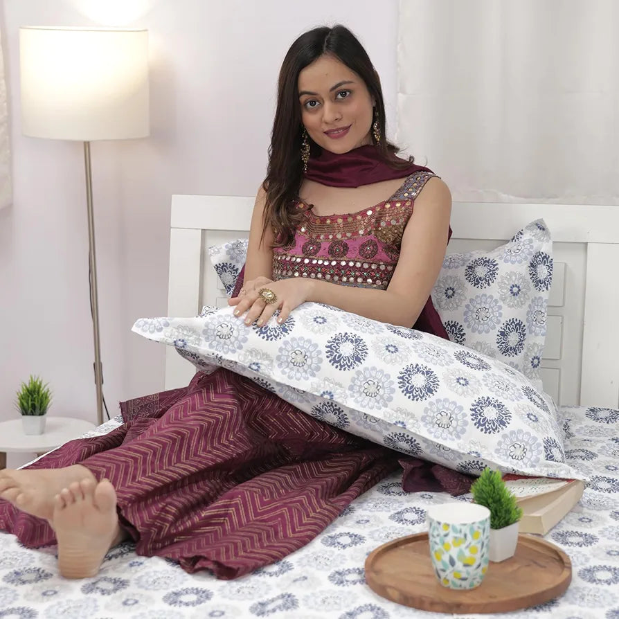 Divine Casa 144 TC 100% Cotton Bedsheet for Double Bed with 2 Pillow Cover Colour Soft Blue