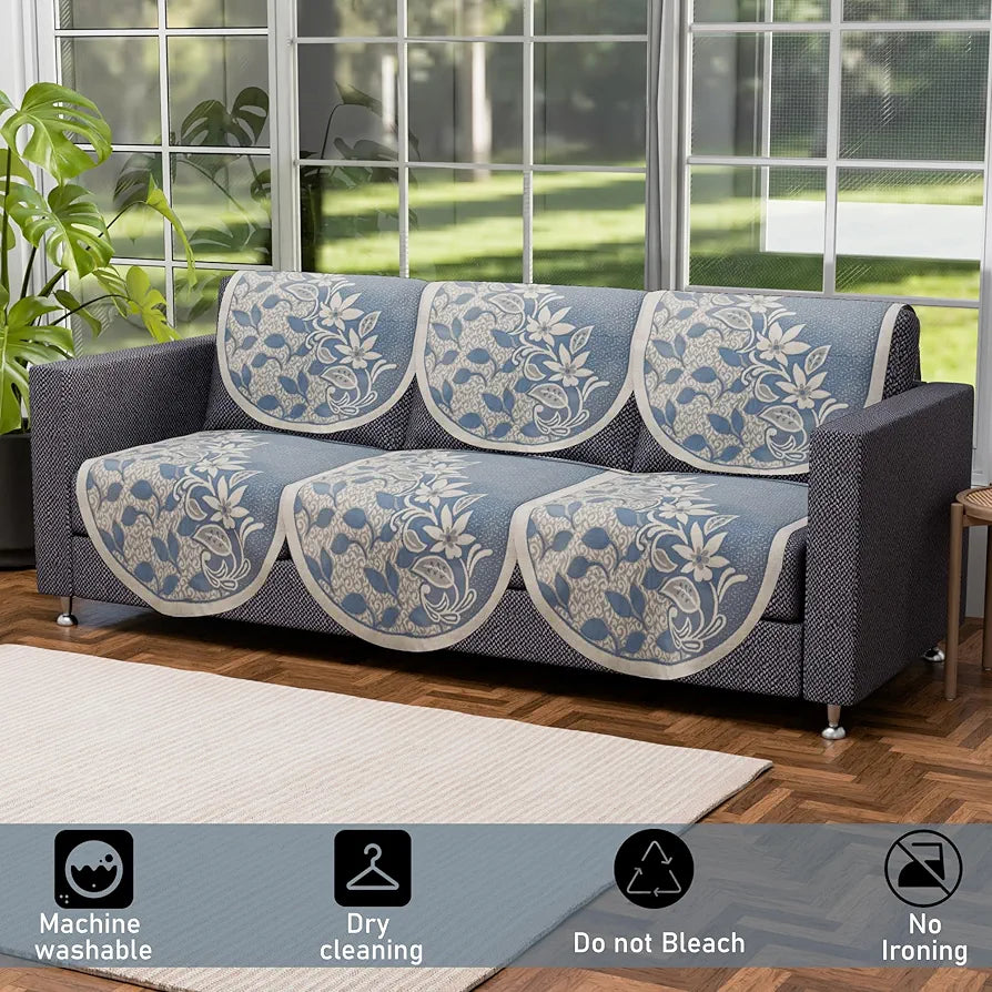 Kuber Industries 5 Seater Cotton Sofa Cover Slip Cover Set of 10 Pieces Floral Blue