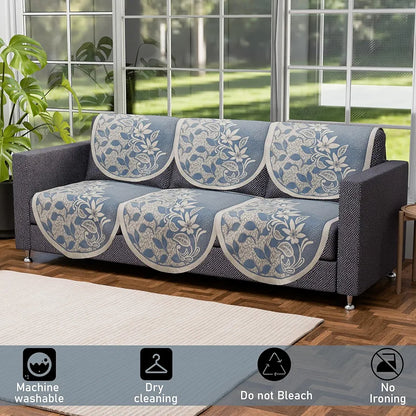 Kuber Industries 5 Seater Cotton Sofa Cover Slip Cover Set of 10 Pieces Floral Blue