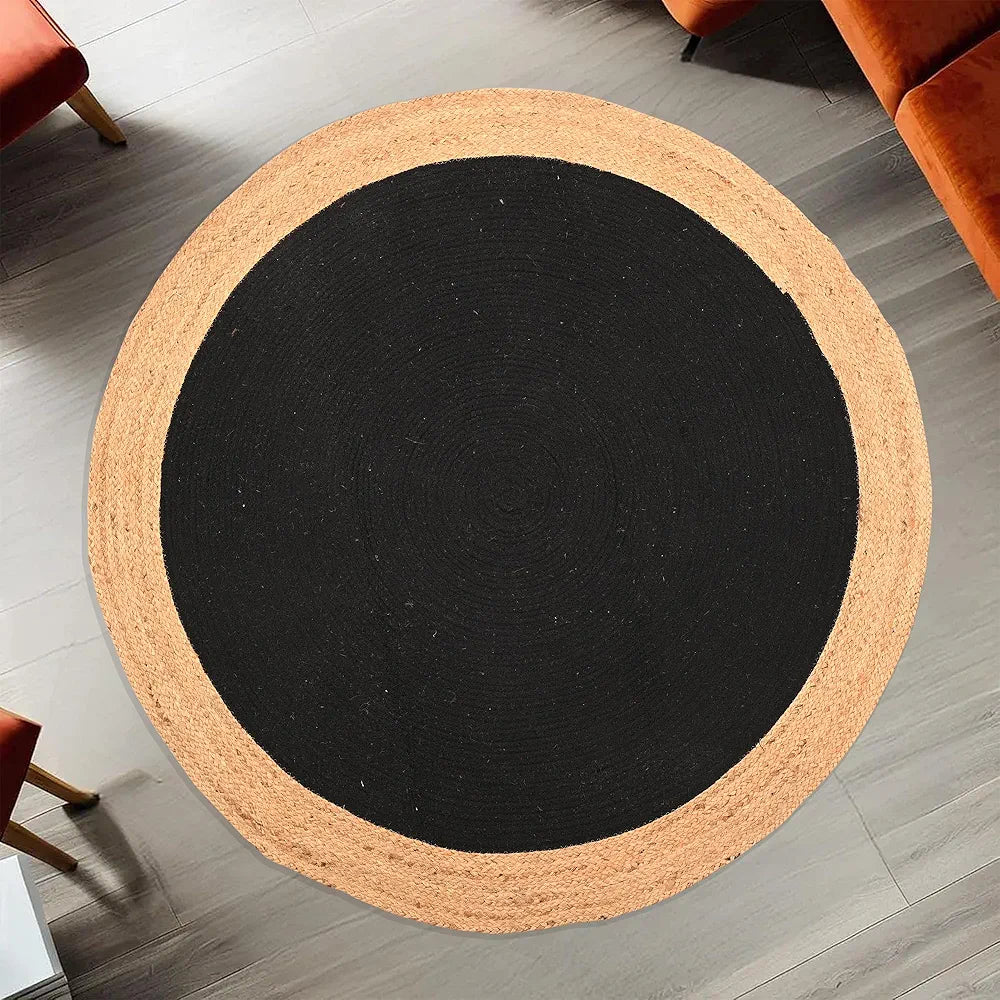 Kuber Industries Round Jute Rug & Carpet for Home Bedroom Light Brown & Black