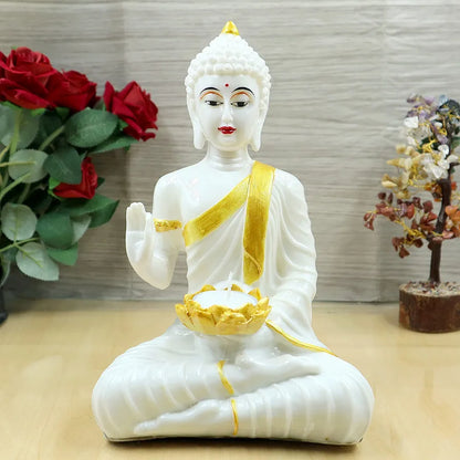Jaipur Ace White Gold Buddha Sitting With Tealight in Hand Polyresin Idol