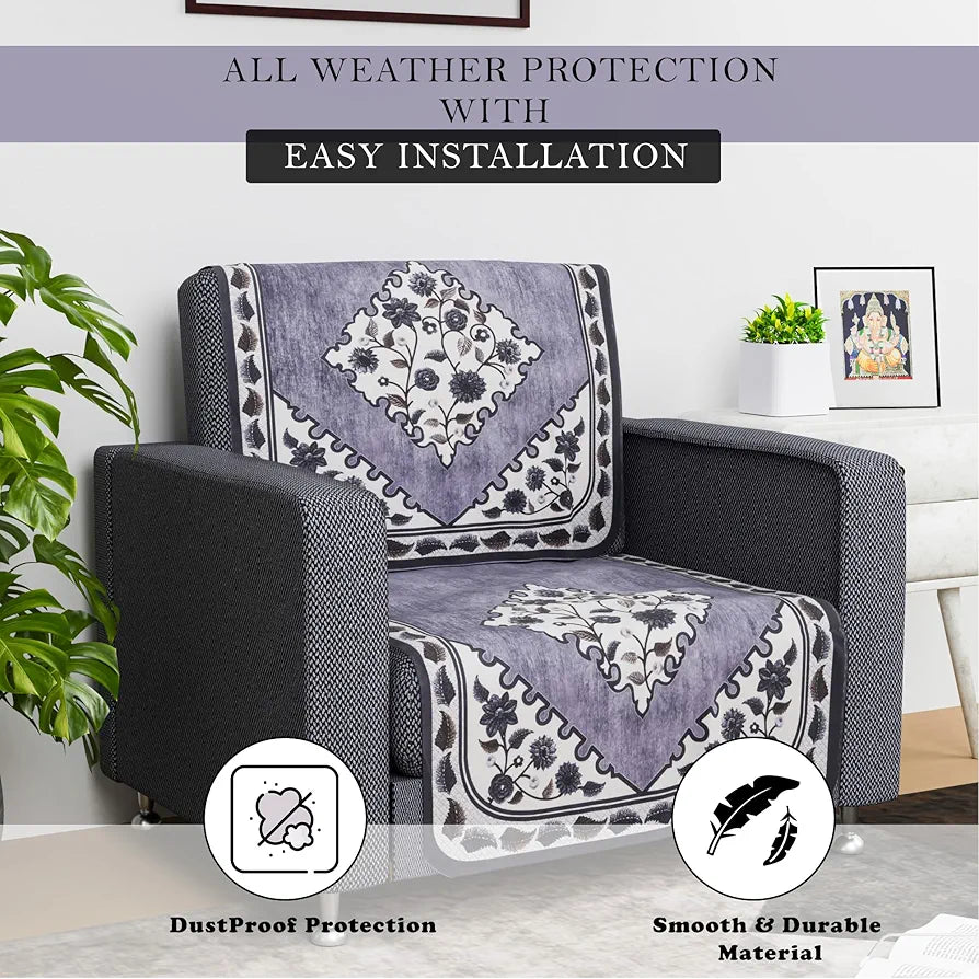 Kuber Industries Net Single Seater Sofa Cover Set Flower Digital Triangle Border Print-753 Grey