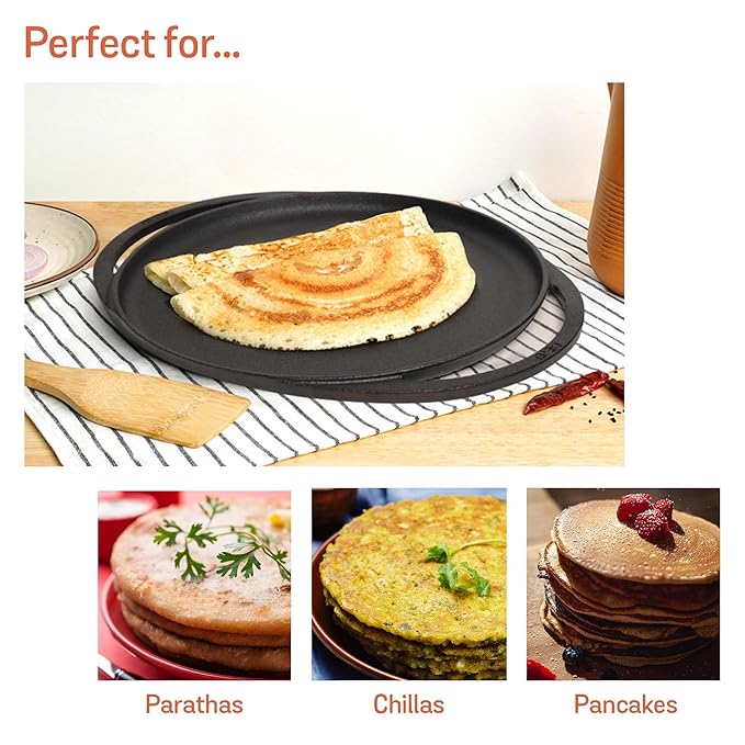 Meyer Pre-Seasoned Cast Iron Flat Tawa with 2 Side Handles 30cm Black