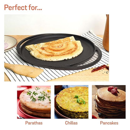 Meyer Pre-Seasoned Cast Iron Flat Tawa with 2 Side Handles 30cm Black