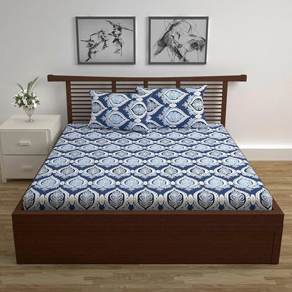 Divine Casa 144 TC 100% Cotton Double Bedsheet with 2 Pillow Covers Floral Pattern Colour Dazzling Blue