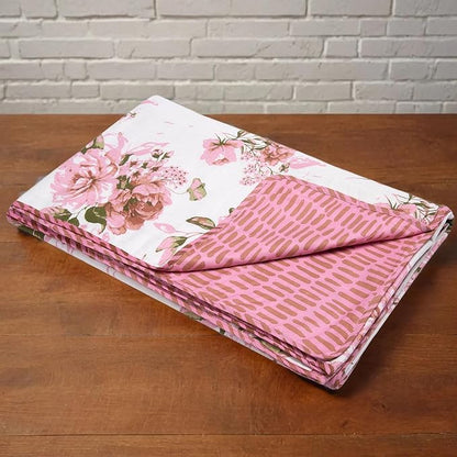 Huesland 100% Cotton Reversible Dohar Single Bed Cotton | Soft Cambric Weave, All Weather Light Ac Blanket | White, Pink & Green