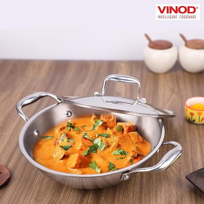 Vinod Platinum Triply Stainless Steel Cookware Kadai With Lid | 2.5 Litres | 24 Cm | 2.5 Mm Thick | 3 Layer Kadhai